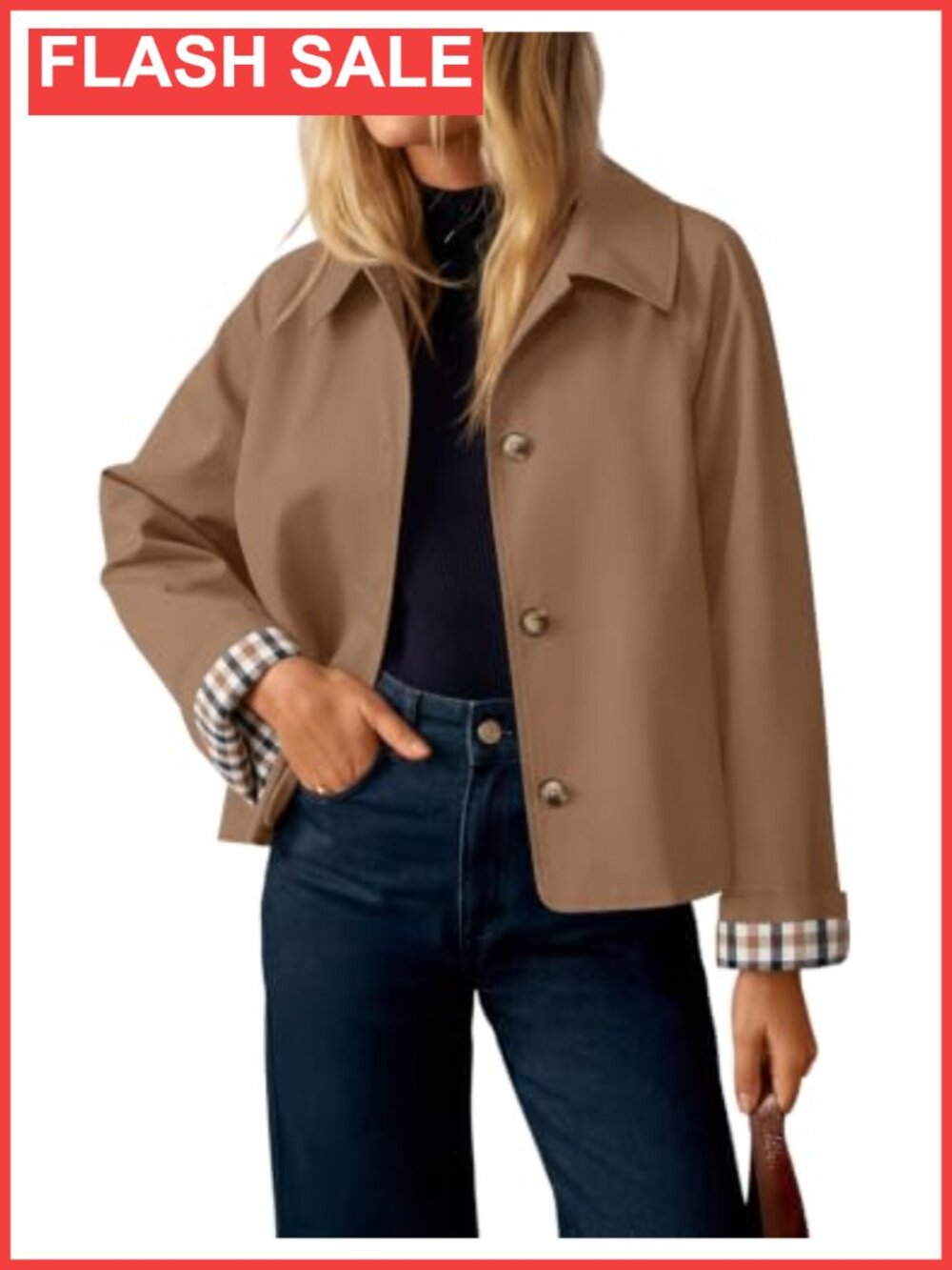 Cropped Trench Coat Plaid Accent Button Front Lightweight Fall Jacket